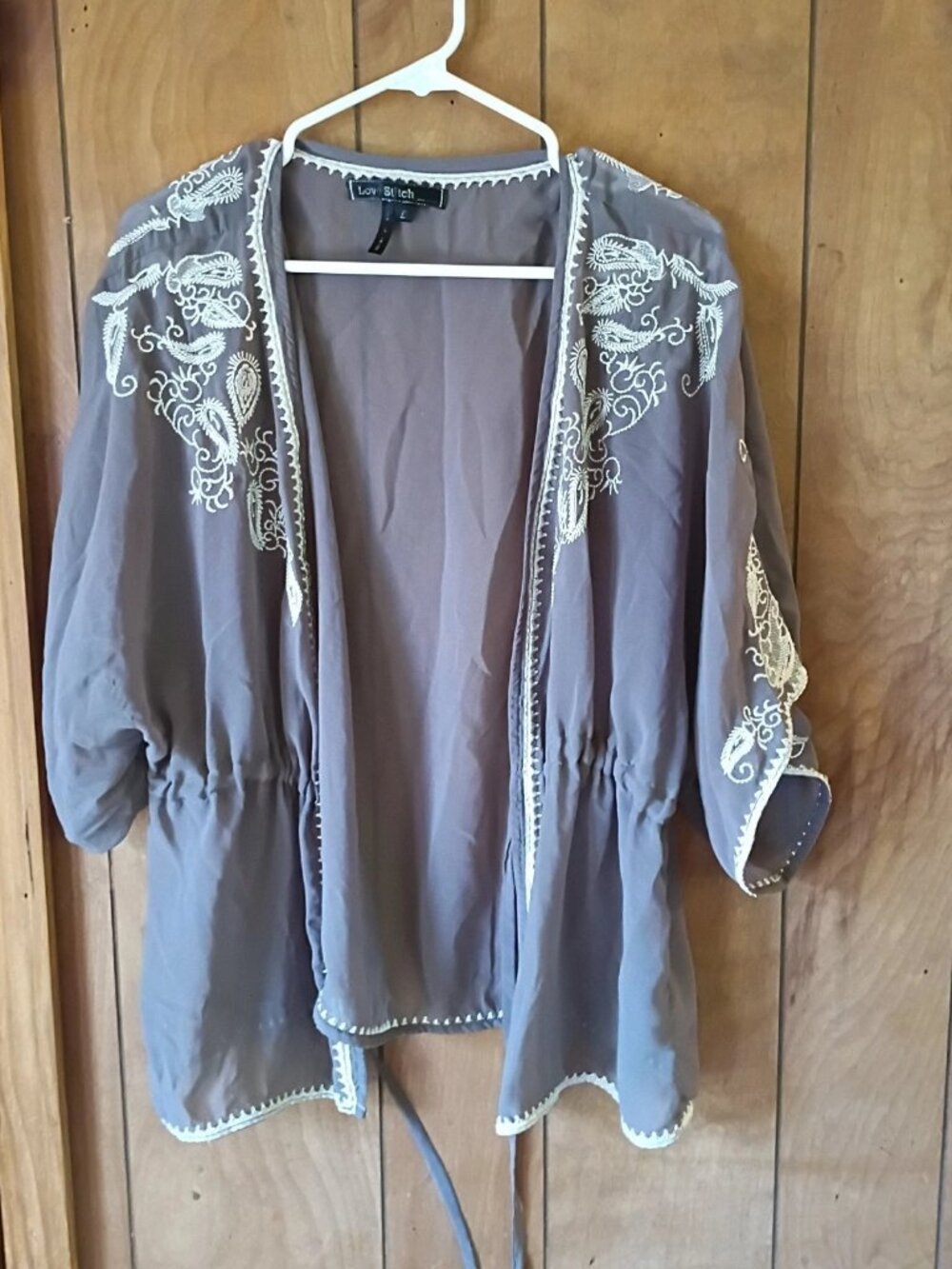 Love Stitch Sheer Embroidered Kimono Cover Up Size Large Boho Gray